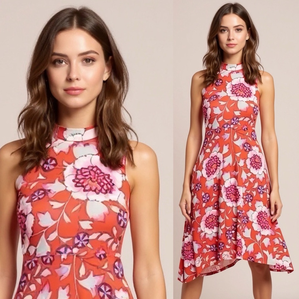 Anthro Maeve Orange Floral Flowy Sleeveless Midi Dress with Pockets Size Small
